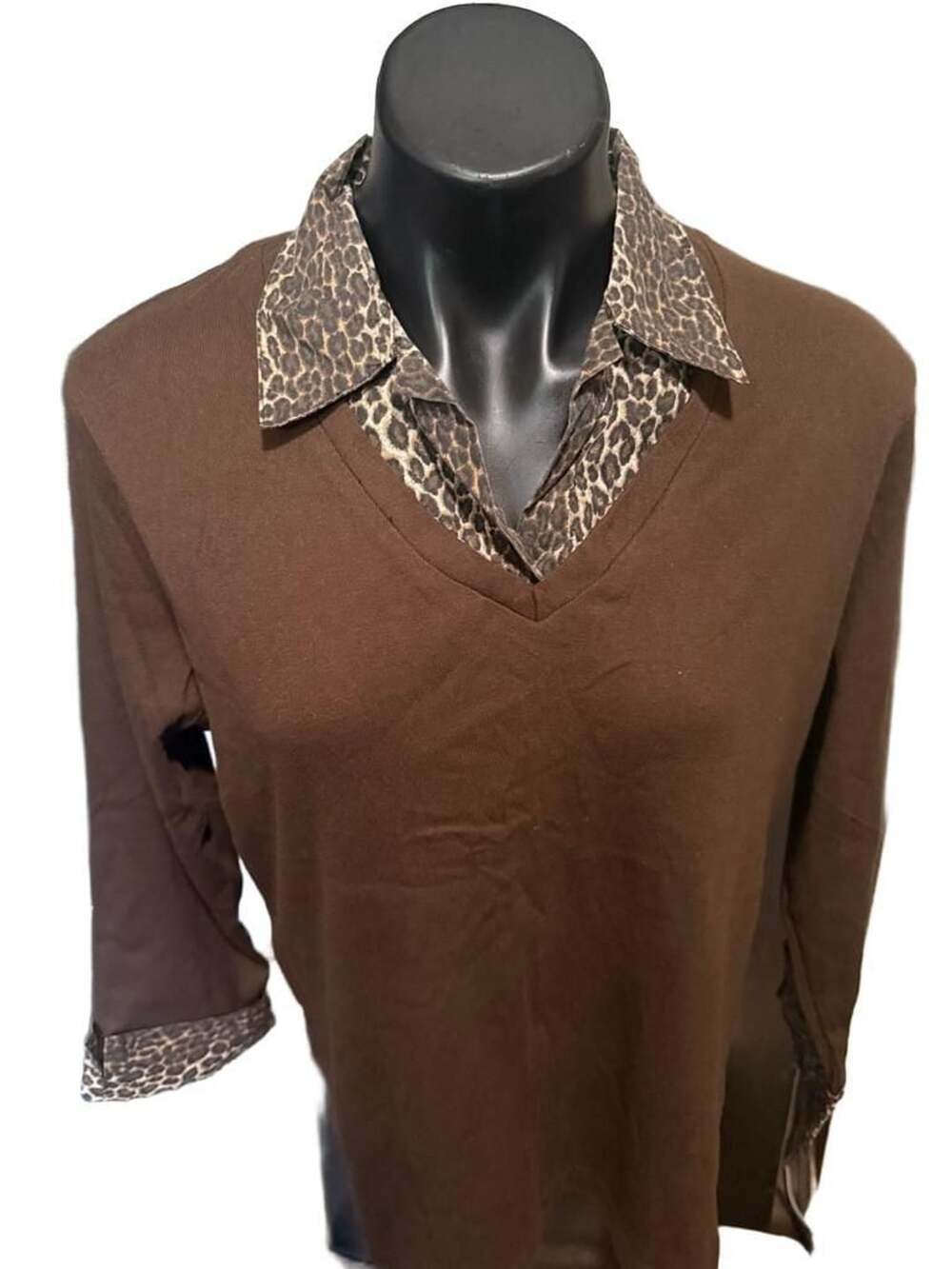 Jason Maxwell Sweater Size L Brown Leopard Print Collar V-Neck Pullover